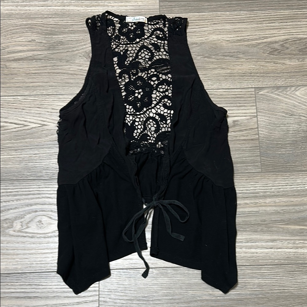 Free Bird - S - Flowy Lace Black Vest with Tie in Front - Western Steampunk